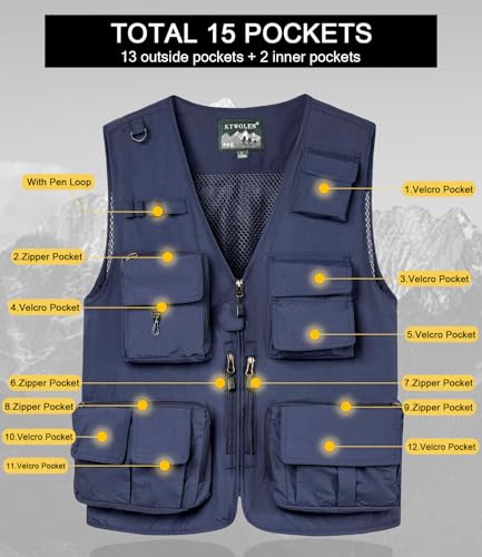 KTWOLEN Herren Anglerweste Sommer Leicht Schnelltrockenweste Funktionsweste Outdoor Fotografie Hundesport Weste Ärmellos Safari Weste mit Viele Taschen, Navy Blau, XXL