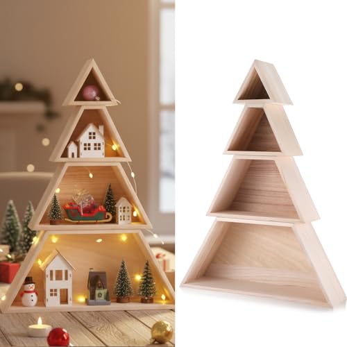 AceOrbit 4 Tier Large Wooden Christmas Tree Display Shelf Total Height of 16 Inches Tree Shaped Ladder Shelves for Winter Christmas Decoration Centerpiece Home Living Room Bedroom Decor(Wood)