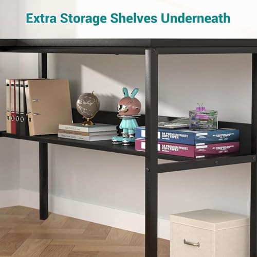 Image of L Shaped Office Desk with Storage Shelf | Wooden Study Table for Home | Computer Table for Home PC | Corner Workstation for Laptop & PC | Space Saving Office Setup | Black | 100 x 150 x 75 cm