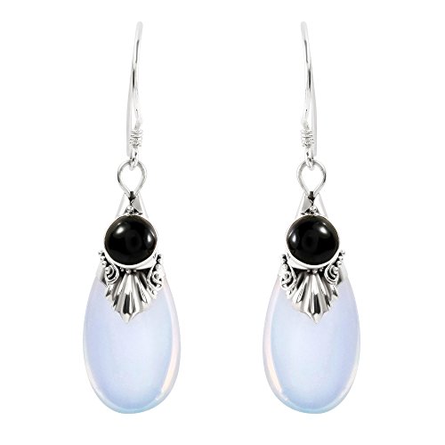 AeraVida Vintage Inspired Classic Elegance Teardrop Shaped Reconstructed Moonstone and Black Onyx Accents in .925 Sterling Silver Fishhook Dangle Earrings