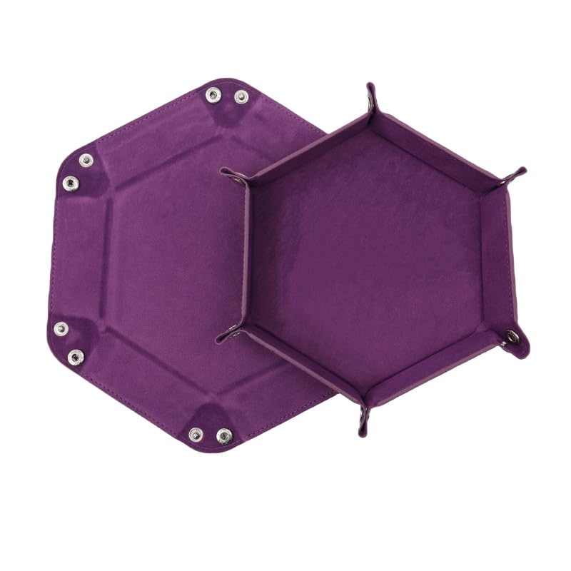 Hexagonal Dice Tray Foldable PU Leather with Velvet Interior for Tabletop Gaming RPG DND (Purple)