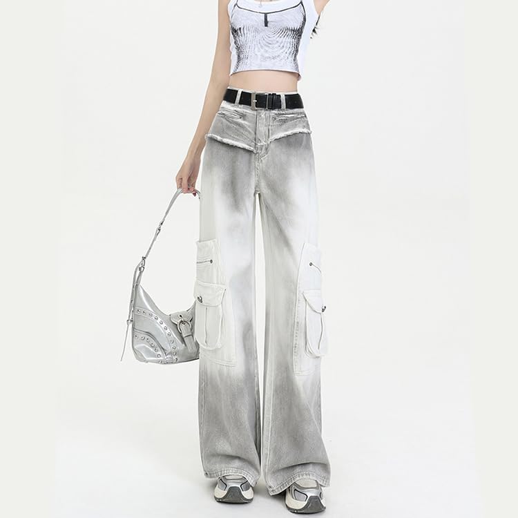 [MDHEWSH] レディース ワイドレッグ タイダイ グラデーション ストレート カーゴ デニムパンツ ストリートスタイル 原宿フ