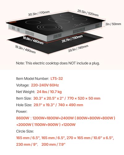 Image of VEVOR Built in Electric Stove Top, 30inch 5 Burners, 240V Glass Radiant Cooktop with Sensor Touch Control, Timer & Child Lock Included, 9 Power Levels for Simmer Steam Slow Cook Fry