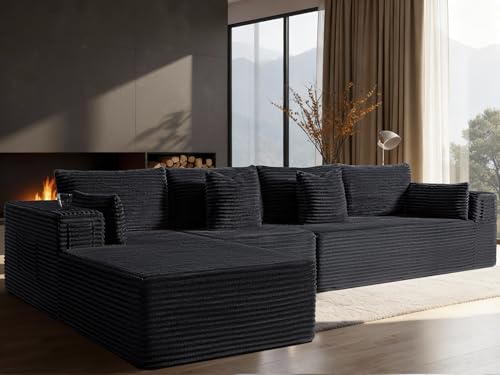 Image of 138 inch Oversized Cloud Sectional Couch, Comfort L Shaped Boneless Couch for Living Room, Extra Deep Seats No Assembly, Minimalist Modular Sofa, Corduroy (Black, 3 Seater+Left Facing Chaise)