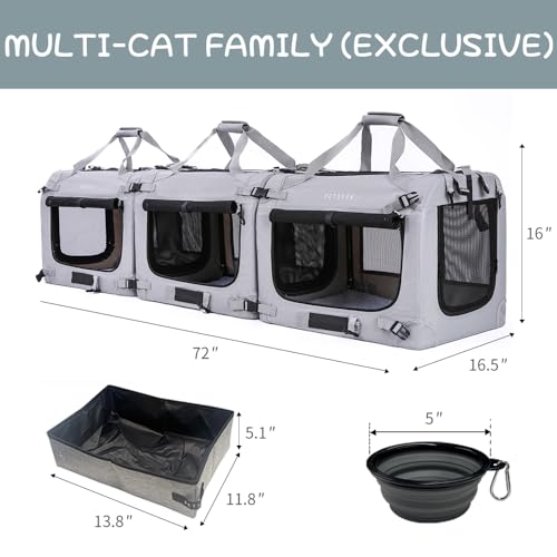 Image of Extra Large Cat Carrier Soft Sided, Portable Small Dog Carrier for 2 Cats, 24 inchx16.5 inchx16 inch Car Travel Folding Comfortable Design with Litter Box and Bowls, Grey-3+ Litter Box+ Bowls