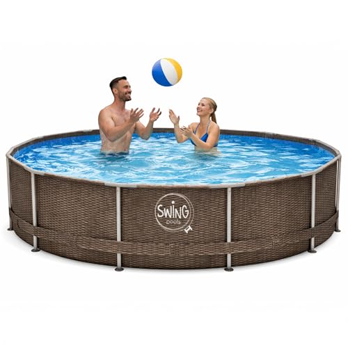 HAF - Swing Frame Pool rund Grau Rattan-Optik (Ø 366 cm, 91 cm tief) - Gartenpool mit 8.300 Liter - Robust, UV-geschützt & korrosionsbeständig - Stabiler Metallrahmen - Schnellaufbau ohne Werkzeug