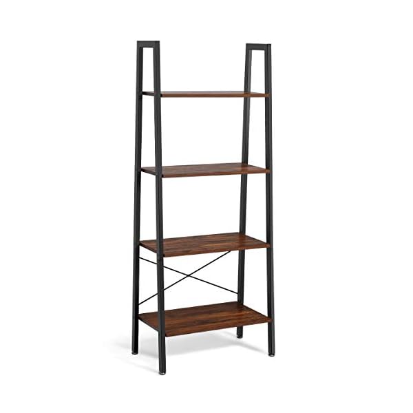 Giantex Ladder Shelf 4-Tier Industrial Bookshelf Storage Rack Shelves for Home and Office Use, Wood Display Rack with Metal Frame (Rustic Brown)