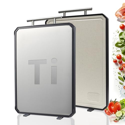 COZZIVITA Titanium Cutting Board for Kitchen, Double Sided Titanium Cutting Board with Juice Groove, Metal Chopping Board for Kitchen, Titanium & Wheat Straw PP, Dishwasher Safe, 16.3”×11”