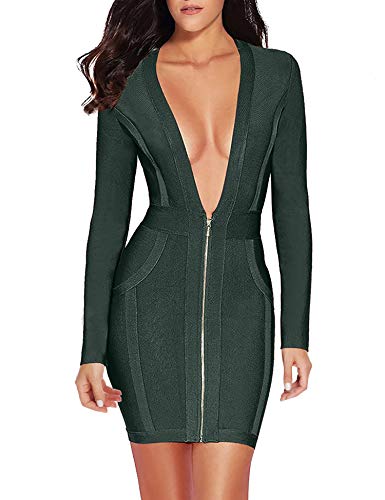 meilun Womens Deep V Front Bandage Bodycon Dress Long Sleeve Party Dress
