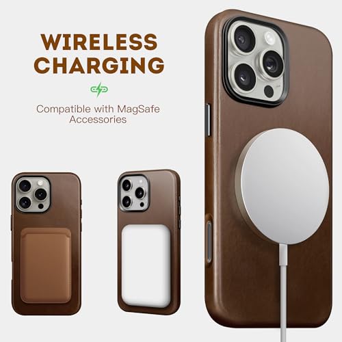 Genuine Leather Case for iPhone 16 Pro 6.3 inch, Oil Wax Full-Grain Leather, Compatible with MagSafe, Metal Buttons and Camera Bezel (Rustic Brown)