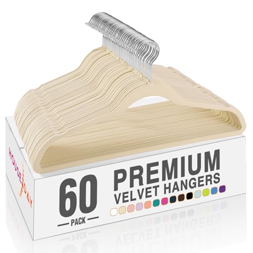 Image of HOUSE DAY Beige Velvet Hangers 60 Pack, Non Slip Clothes Felt Hanger Heavy Duty for Coat, Premium Slim Space Saving Suit Hangers for Closet Organizer, 360 Rotating Silver Hook