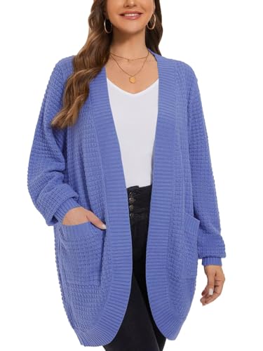 Image of LARACE Long Cardigans for Women Plus Size Tops Open Front Sweaters with Pockets Waffle Ribbed Sleeve Loose Fall Outwear