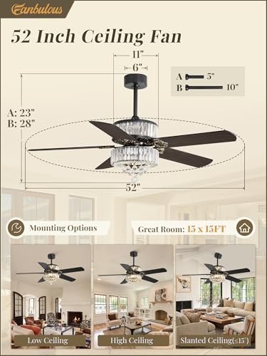 Fanbulous 52 Inch Crystal Fandelier Ceiling Fan with Light, Farmhouse Ceiling Fan Chandelier with 6 Speeds, Quiet Reversible Noiseless DC Motor, 3CCT, Indoor Ceiling Fans for Living Room Bedroom
