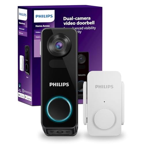 PHILIPS 2K Dual Camera Video Doorbell Wireless/Wired Powered, Security Camera, Wi-Fi Video Doorbell with Chime, Compatible with Alexa & Google Assistant, No Monthly Fees, Glossy Black, DDA27