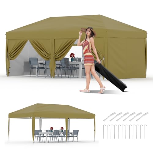 Garvee 10x20 Pop Up Canopy Tent Outdoor Canopy One-Person Set Up Heavy Duty Commercial Instant Tent Shelter, 6-Sidewall+Gray