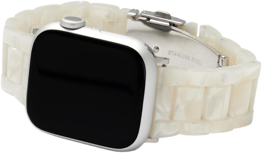 MACHETE Compatible with Apple Watch Band 38mm 40mm 41mm 42mm 44mm 45mm 49mm, Fashion Acetate Resin iWatch Band for SE Series 9/8/7/6/5/4/3/2/1 Ultra 2 1 Women Men - White Shell (Silver Hardware)