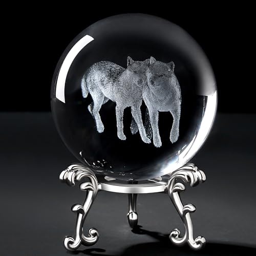MAIBAOTA 3D Crystal Wolf Gifts for Man Women Wolf Figurines 60mm Glass Laser Ball Paperweight with Stand Glass Sphere
