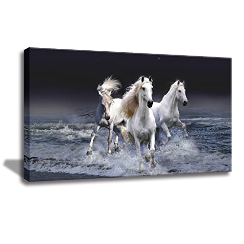 Yxbhhym Large Horse Wall Art Pictures for Seascape Canvas Prints Running White Horses Posters Paintings Animals for Wall Office Decor Living Room Framed Stretched Ready to Hang (20x40inch, horse)