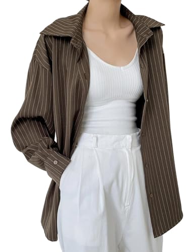 Womens Long Sleeve Button Up Shirt Loose Striped Casual Blouse