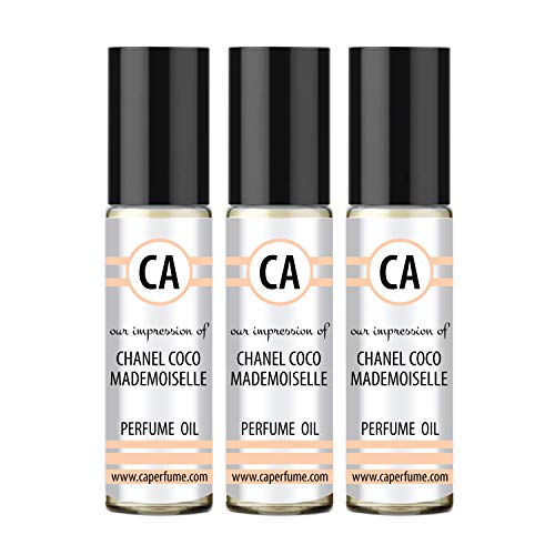 CA Perfume Impression of Mademoiselle for Woman Fragrance Body Oils Alcohol-Free Essential Aromatherapy Sample Travel Size Roll-On 0.3 Fl Oz/10 ml X3