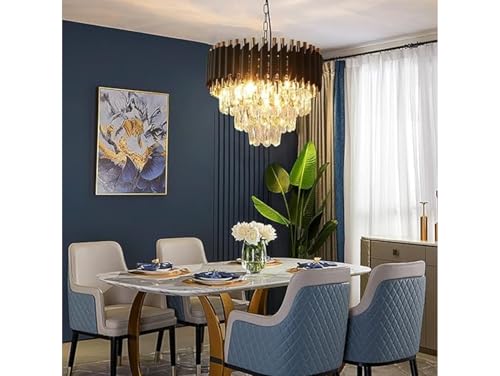 Image of Modern 3-Tiers Crystal Pendant Light Black Gold Round Ceiling Light Fixture (Antique, 300mm), 3 Colors Led Plate Included Warm White, Natural Light, Chandelier Light (L-30*B-30*H-70 Cm) B