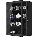 TJ.MOREE 12-Slot Watch Display Case, Wall Mount Wooden Watch Box, Vertical Storage Men’s Watch Box with Velvet Lining, Ideal Gift for Men-Black