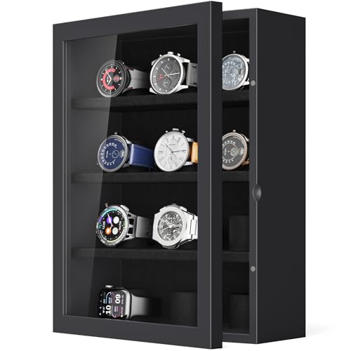 TJ.MOREE 12-Slot Watch Display Case, Wall Mount Wooden Watch Box,