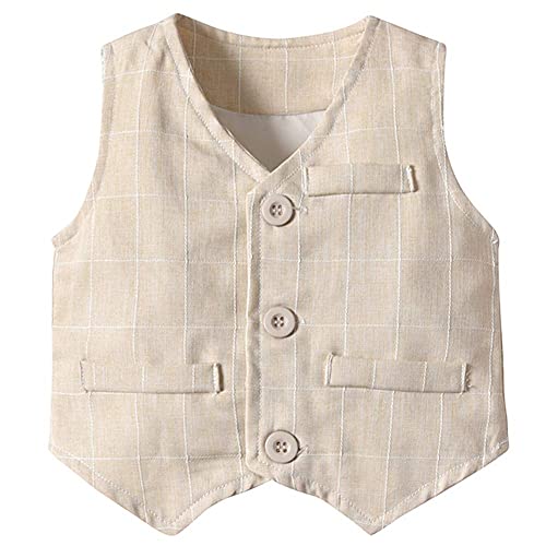 Boys 3-Piece Vest Suits Set Long Sleeve Shirts And Pants Outfits Set With Tie, Beige, Size 12-18 Months = Tag 80 #TOP2