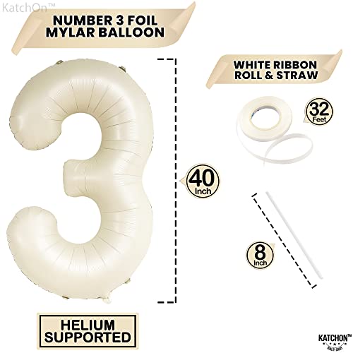 Image of KatchOn Cream White Number 3 Balloon Neutral 40 Inch | Three Balloon, 3 Balloon Number for Young Wild and Three Birthday Decorations Girl 3 Foil Balloons, 3 Anniversary Decorations