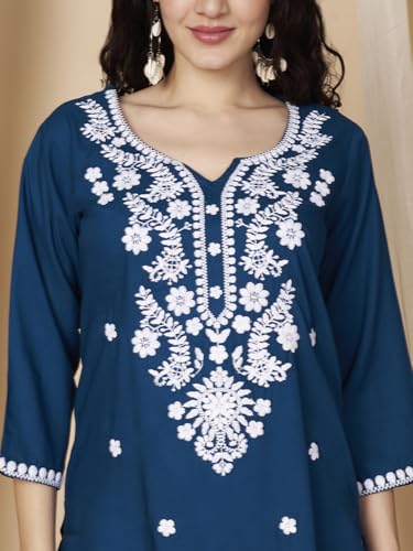 Image of Short Kurti for Women for Jeans, Chikankari Kurtis for Ladies, Lakhnavi V- Neck Women's Tunic Design Kurta, Floral Kurtas & Tunics for Woman