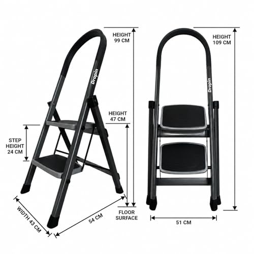 Image of Dropin Premium Steel 2 Step Foldable Ladder for Home Use with Built-in Tool Tray, Climb Easy Anti-Slip Wide Rubber Secure Lock 150Kg Capacity, Heavy Duty D Shape Rods - 20 x 30 cm Large Platform