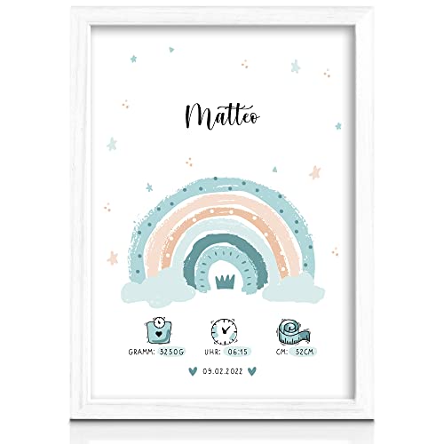 MilaBoo® personalisiertes Geburtsposter A4 Regenbogen I Kinderzimmer Deko I personalisierte Geschenke Baby (blau ohne Bilderrahmen)