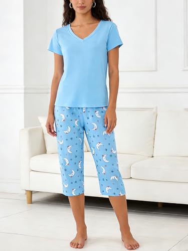 Image of YIJIU Women Soft Comfy Pajamas Cute Cat Short Sleeve Capri Pants PJS Set