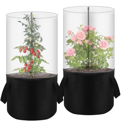 2PCS Mini Plant Greenhouse with Felt Planting Bag Round Planter Winter Garden Pot Covers Transparent Plant Frost Protection Cover with Support Rod for Outdoor Plants or Seedlings, 29.5' X 11.8'