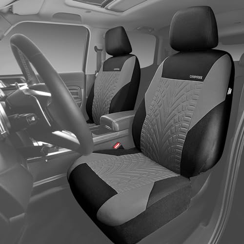 Image of CAR PASS Car Seat Covers Two Front Only for Car, 3D Tyre Print Automotive Interior Covers, Airbag Compatible, Quick Setup Universal Fit Seat Covers for Car, Truck, SUV(Black Gray)
