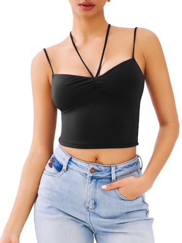 REORIA Crisscross Back Strap V-Neck Women Crop Tank Top Sexy Slee...