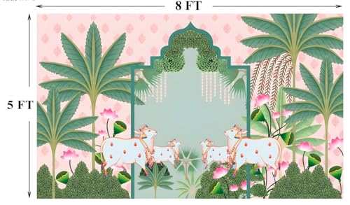 Image of zeonely mart varalakshmi Backdrop | pichwai Backdrop Cloth for Decoration | Lakshmi Pooja Backdrop Cloth | Traditional Backdrop Decoration Cloth Light Pink 4 Cows (5X8 FT)