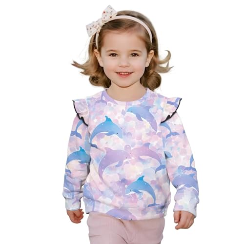 Girls Long Sleeve Ruffle Shirts Comfy Crewneck Tops Soft Lightweight Blouses Outfits Bright Print Casual Apparels