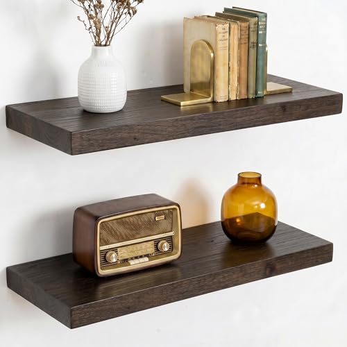 Image of Dreamland 18 Inch Long Floating Shelves Set of 2, Rustic Solid Elm Wood Floating Shelf Wall Mounted, 8 Inch Deep Wall Shelves with Invisible Bracket for Living Room Bathroom Bedroom Kitchen, Walnut