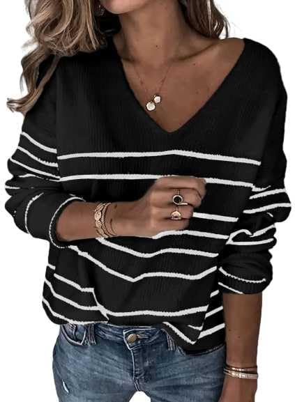Women's Oversized V Neck Cute Striped Sweaters Fall 2025 Lightweight Cozy Ribbed Knit Long Sleeve Pullover Sweater