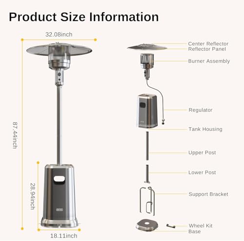 EAST OAK Anti-rust 50,000 BTU Patio Heater for Outdoor Use With Double-Layer Stainless Steel Burner, Table Design and Wheels, Propane Patio Heater for Home and Commercial, Stainless Steel