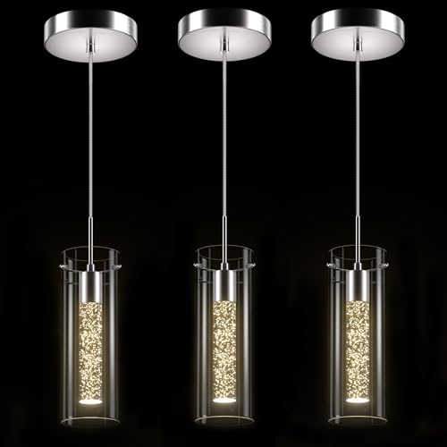 Esfos Pendant Ceiling Light Fixture - LED Crystal Pendant Lights for Kitchen Island, Modern Island Light with Bubble Glass - 3 Pack