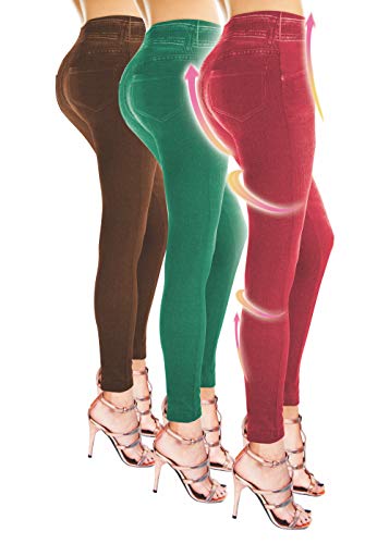 ShopINess Lot de 3 Jeggings Femme Rouge Vert Marron Couleurs Estivales Leggings Effet Jean Pantalon Sculptant avec Poches Réelles Élastiques, sans Coutures...