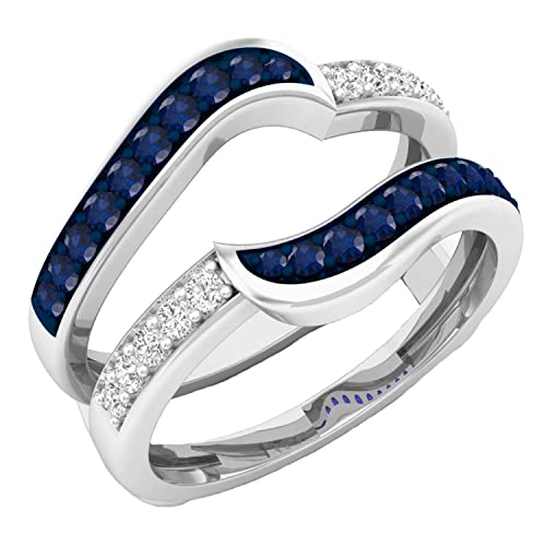 Dazzlingrock Collection Round Blue Sapphire & White Diamond Wedding Band Guard Double Ring for Women in 925 Sterling Silver, Size 9.5