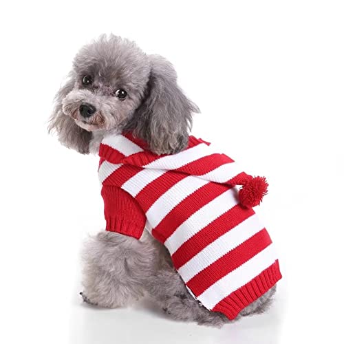 Cute Red Stripe Christmas Sweater For Small Dogs Cats Winter Warm Sweater School Style Hoodies Shirt Outfits Clothes M #TOP13