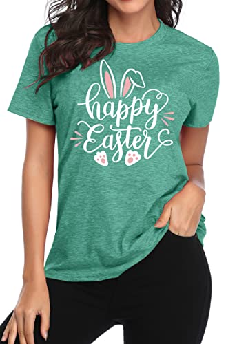 Image of Women Happy Easter T Shirt Bunny Rabbit Graphic T-Shirt Funny Letter Printed Shirts Short Sleeve Tops