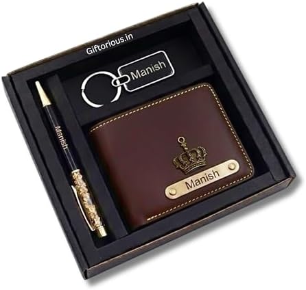 Customised Leather Original Wallet Pen Keychain Gifting Hamper Set for Men with Name (Brown), Personalized Stylish Purse Combo, Gift for Husband, Boyfriend, Birthday, Valentine's Day