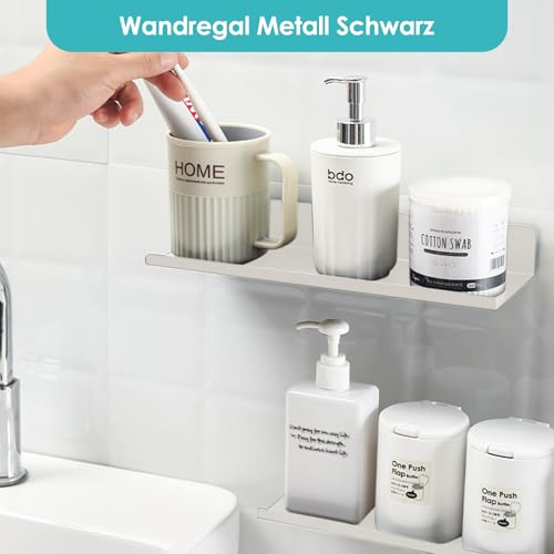QITIXI:OU 2 Stück 20cm Weiß kleine Wandregale, Selbstklebend Kleines Wandregal Schwarz Metall, Schwebendes Regal Badezimmer, Maximale Belastung 10 kg, Ohne Bohren Regal Wand Bad für Bad Küche Büro