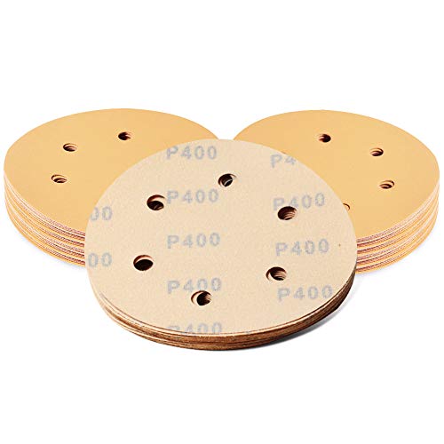 SPEEDWOX 50 Pcs Sanding Discs 6 Inches 400 Grit 6 Hole Hook and Loop Sandpaper Dustless Fit for Random Orbital Sander Assortment Yellow Finishing Discs for Automotive Woodworking