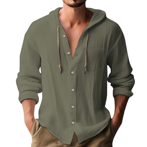 Mens Linen Shirts Long Sleeve Casual Beach Summer Lightweight Cotton Blend Hoodie Button Down Print Relaxed